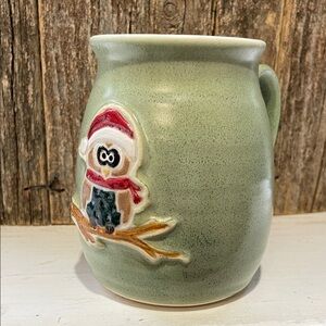 Artisan | Artist Stamped | Pottery | Ceramic Green | Mug with Festive Owl Design